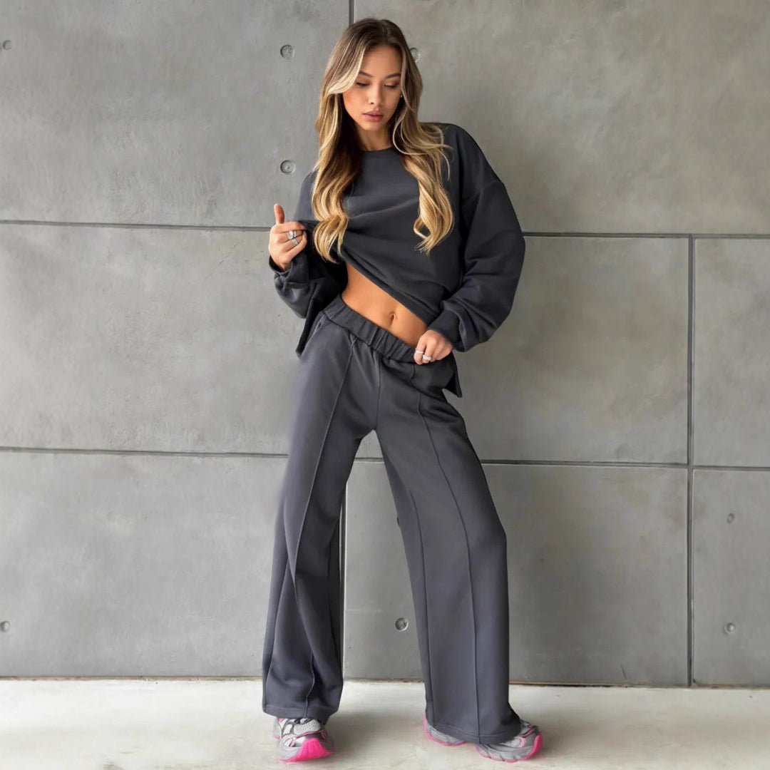Damen eleganter Lounge-Zweiteiler mit Oversize-Sweatshirt und taillierter Weitbein-Hose Drune