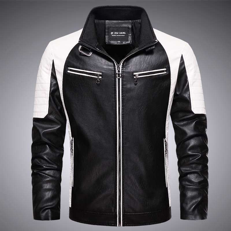 Herren Biker-Lederimitatjacke im Racing-Stil mit Stehkragen und Reißverschlusstaschen Drune
