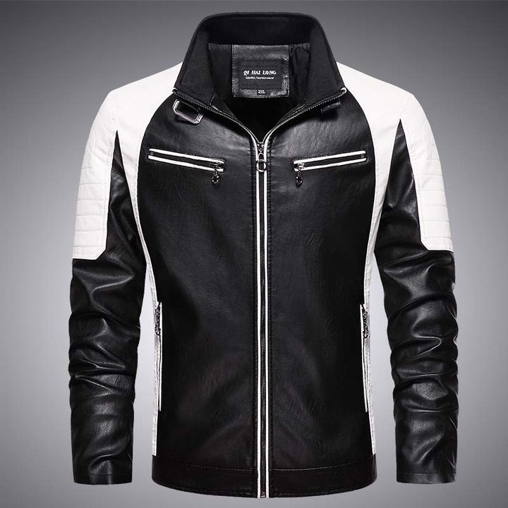 Herren Biker-Lederimitatjacke im Racing-Stil mit Stehkragen und Reißverschlusstaschen Drune