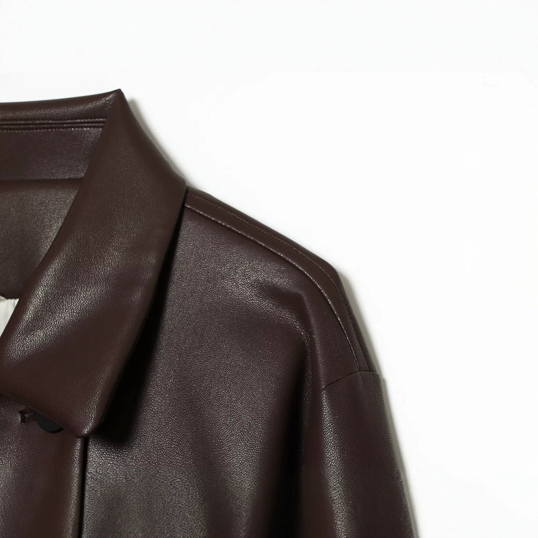 Damen Kurz geschnittene doppelreihige Kunstlederjacke mit weitem Hemdkragen Drune