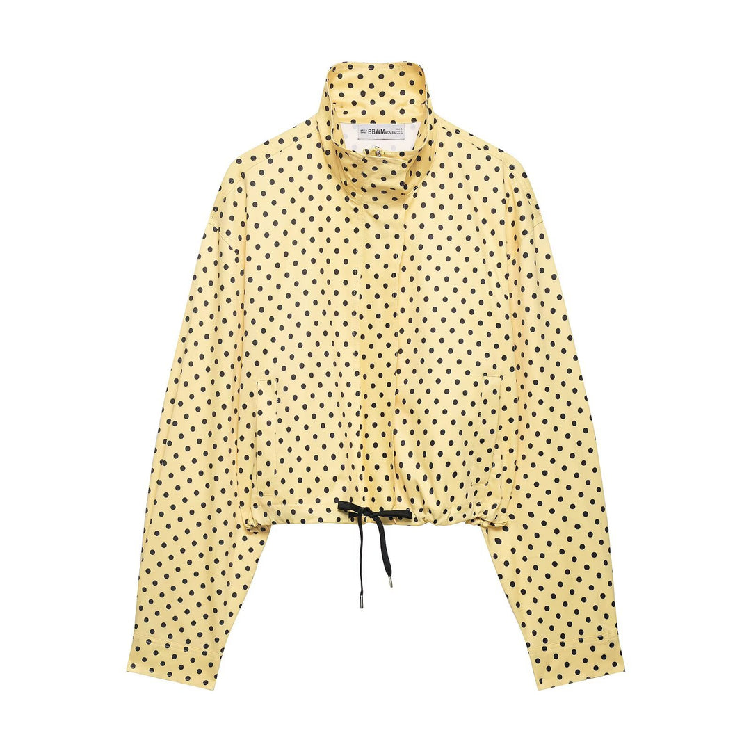 Damen Cropped-Übergangsjacke mit Polka-Dot, hohem Funnelkragen und Tunnelzug Drune