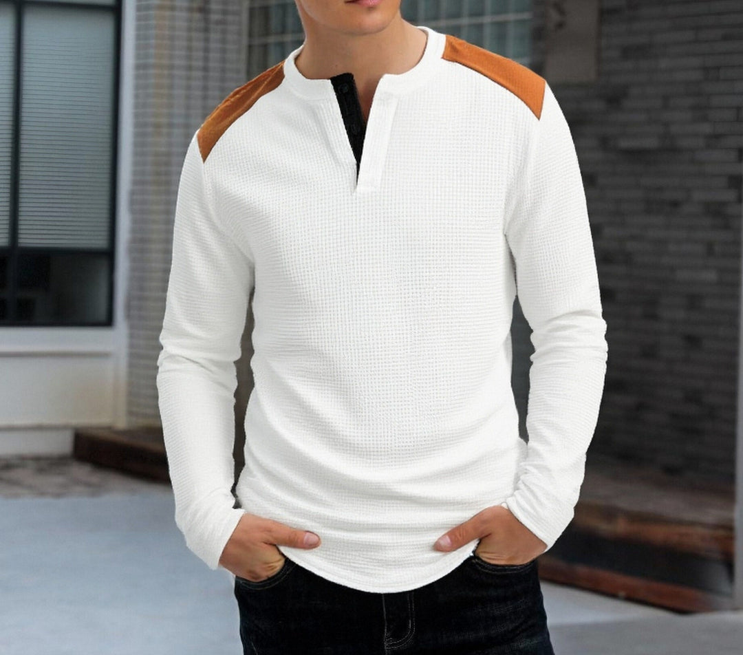 Herren strukturiertes Henley-Langarmshirt mit Stehkragen, Schulterpaspel und Waffelstruktur Drune
