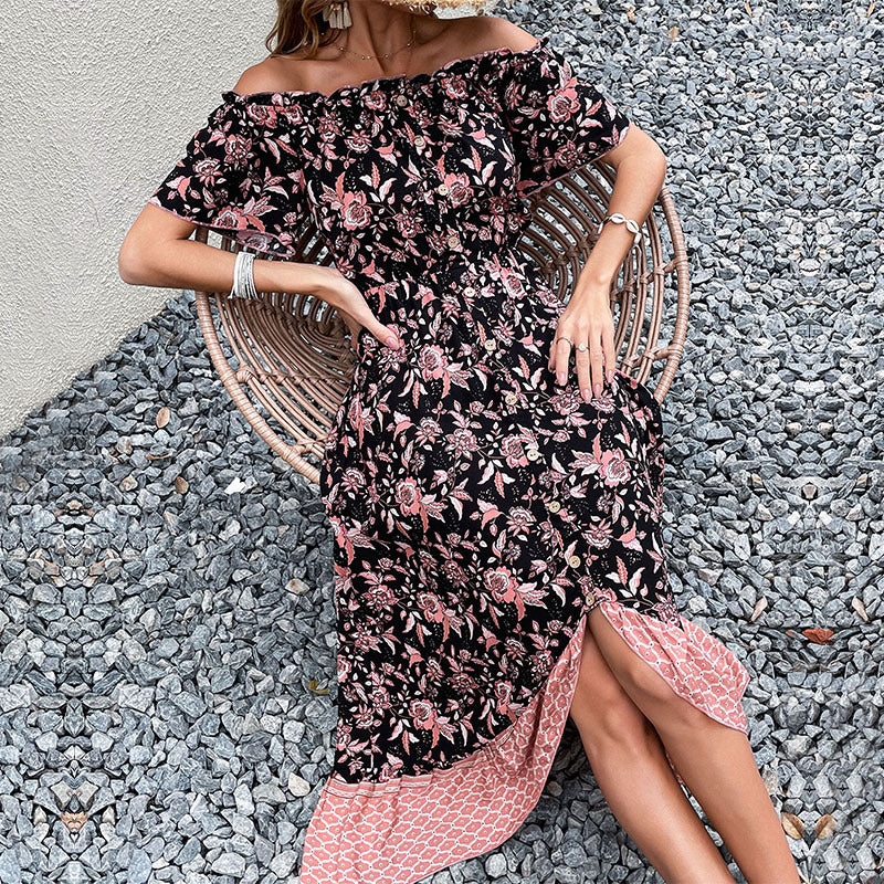 Damen Schulterfreies Boho-Maxikleid mit elastischer Smok-Taille, floralem Patchwork und hohem Seitenschlitz Drune