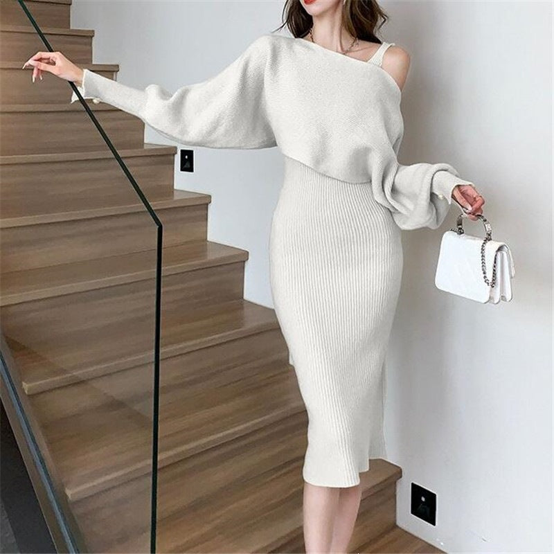 Damen Elegantes Strickkleid mit V-Ausschnitt und passendem Cardigan Drune