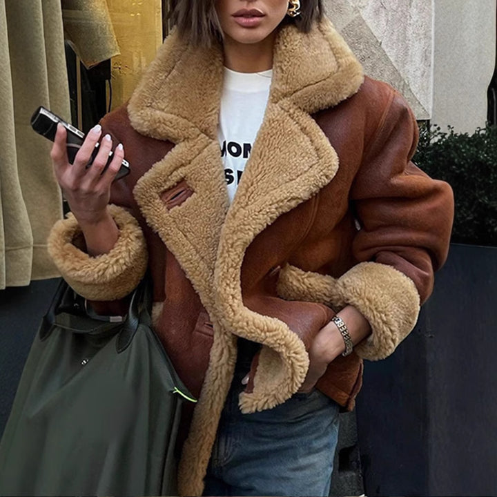 Damen Lässige und modische Teddyjacke mit großem Kragen und weich gefüttertem Innenleben Drune