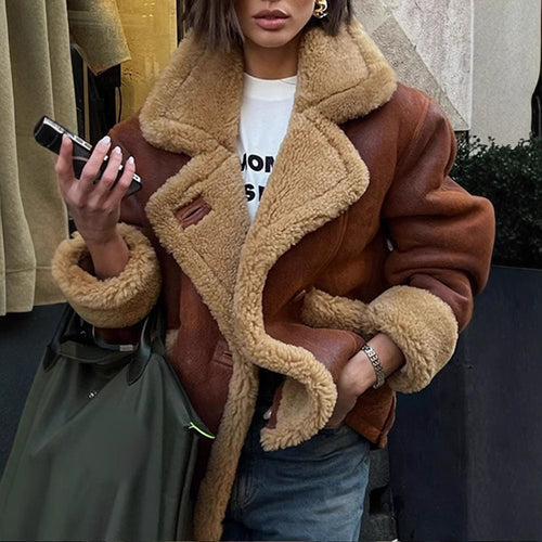 Damen Lässige und modische Teddyjacke mit großem Kragen und weich gefüttertem Innenleben Drune