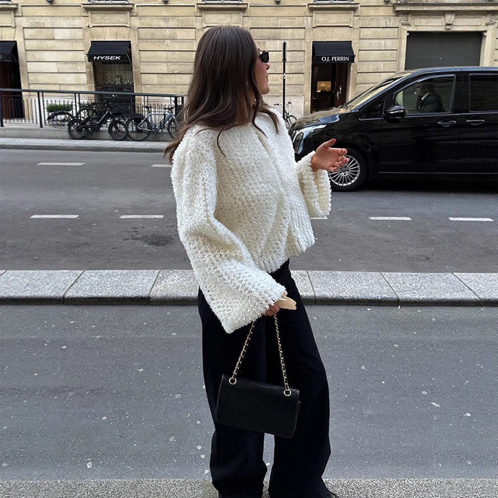 Damen Kurzgeschnittener texturierter Kunstpelz-Cardigan mit voluminösen Ärmeln Drune