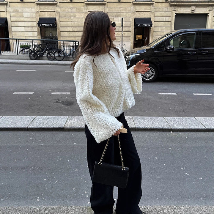 Damen Kurzgeschnittener texturierter Kunstpelz-Cardigan mit voluminösen Ärmeln Drune