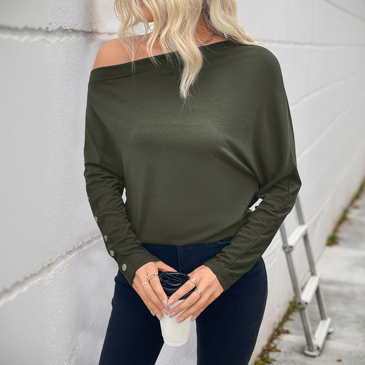Damen Oversized schulterfreies Langarmshirt mit Fledermausärmeln und Knopfmanschetten Drune