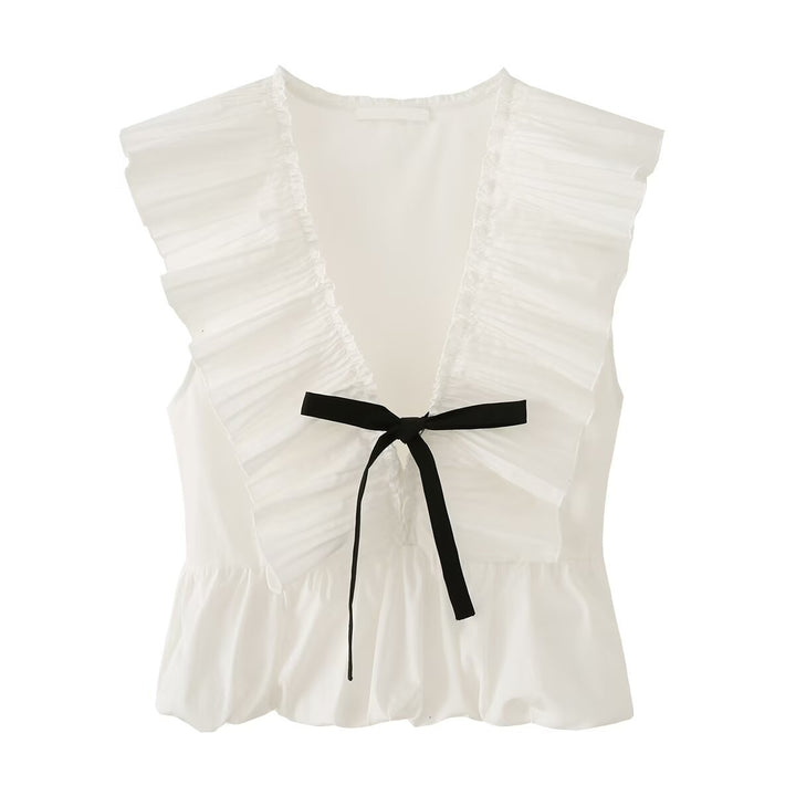 Damen Ärmellose Rüschenbluse mit tiefem V‑Ausschnitt, zarter Plissee‑Rüsche und Bindeschleife Drune