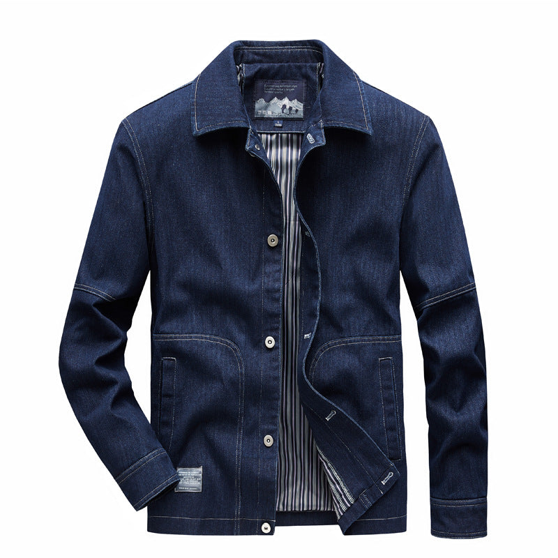 Herren Denim-Workerjacke mit geradem Schnitt, Kontrastnähten & gestreiftem Innenfutter Drune