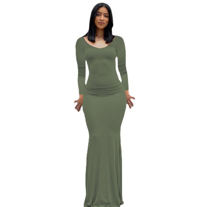 Damen Körperbetontes Maxi‑Jerseykleid mit taillierter Drapierung, langen Ärmeln und ausgestelltem Saum Drune