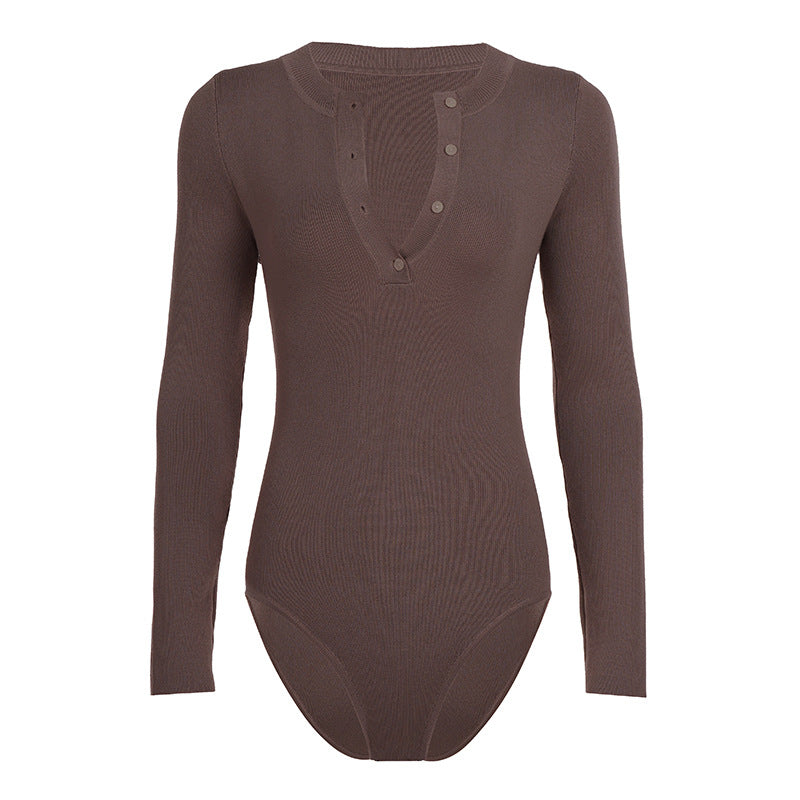 Damen Langarm Bodysuit mit Knopfdetail und strukturiertem Material Drune
