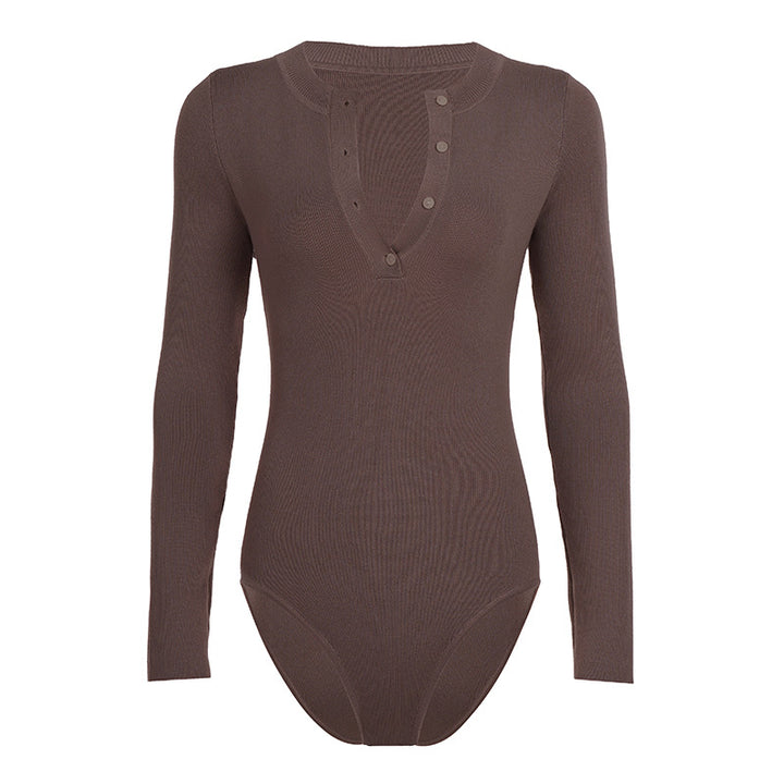 Damen Langarm Bodysuit mit Knopfdetail und strukturiertem Material Drune