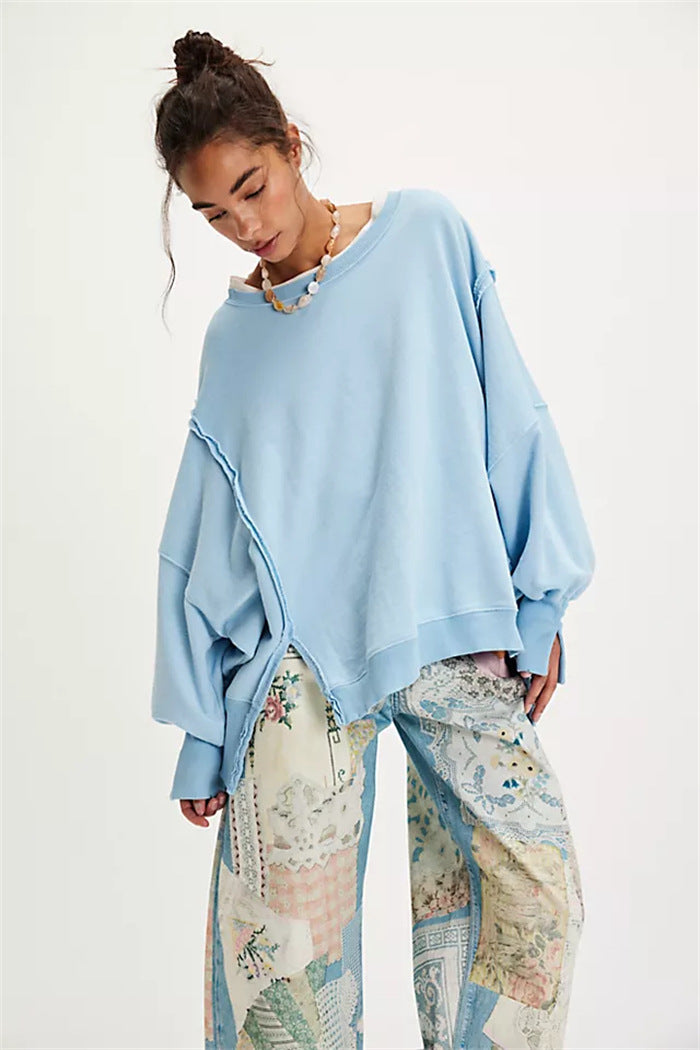 Damen oversized Sweatshirt mit Ballonärmeln, offenen Saumnähten und seitlichen Schlitzen Drune