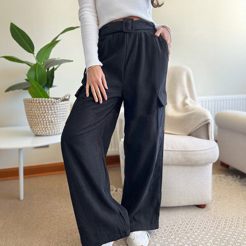 Damen Weite High-Waist-Hose mit Stoffgürtel und Cargo-Taschen Drune