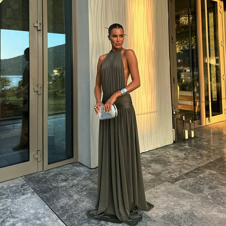 Damen Elegantes Maxikleid mit hohem Kragen und fließendem Stoff Drune