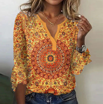 Damen Langarm-Bluse mit ornamentalem Mandala-Print und V-Ausschnitt Drune