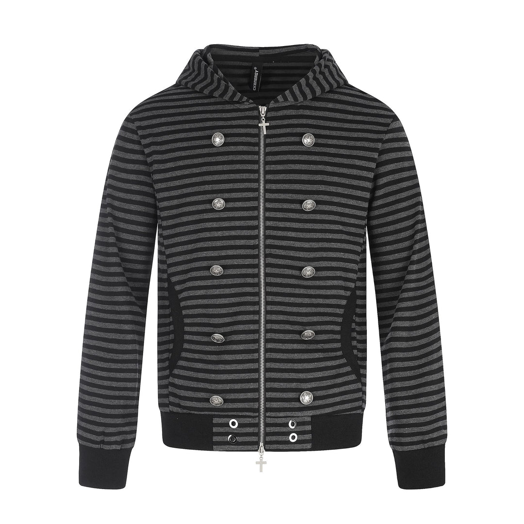 Herren Gestreifte Kapuzenjacke mit Doppelknopf-Optik, Rippenbündchen und Kreuz-Zipper Drune