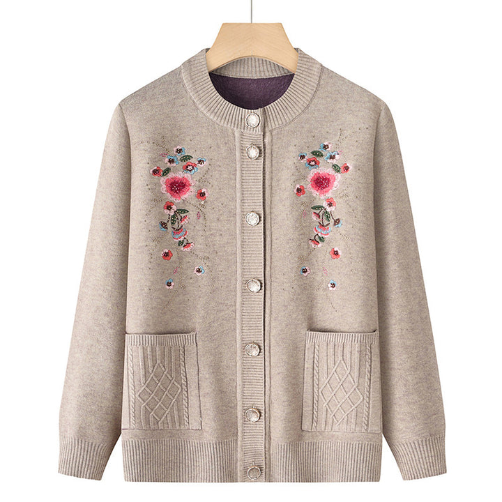 Damen nan bestickte Strickjacke mit Rundhalsausschnitt, Zierknopfleiste und aufgesetzten Taschen Drune