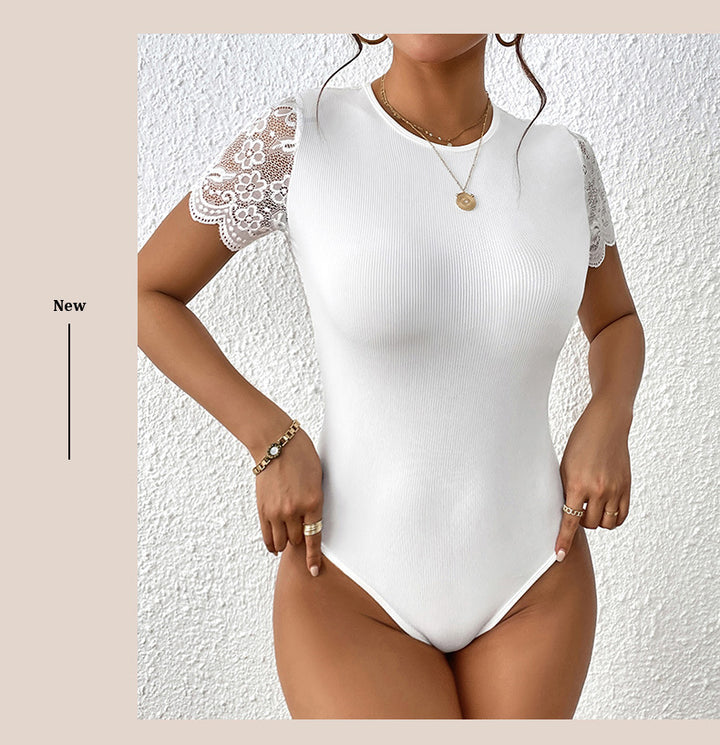 Damen Spitzen-Bodysuit mit kurzen Ärmeln und elegantem Rippdesign Drune