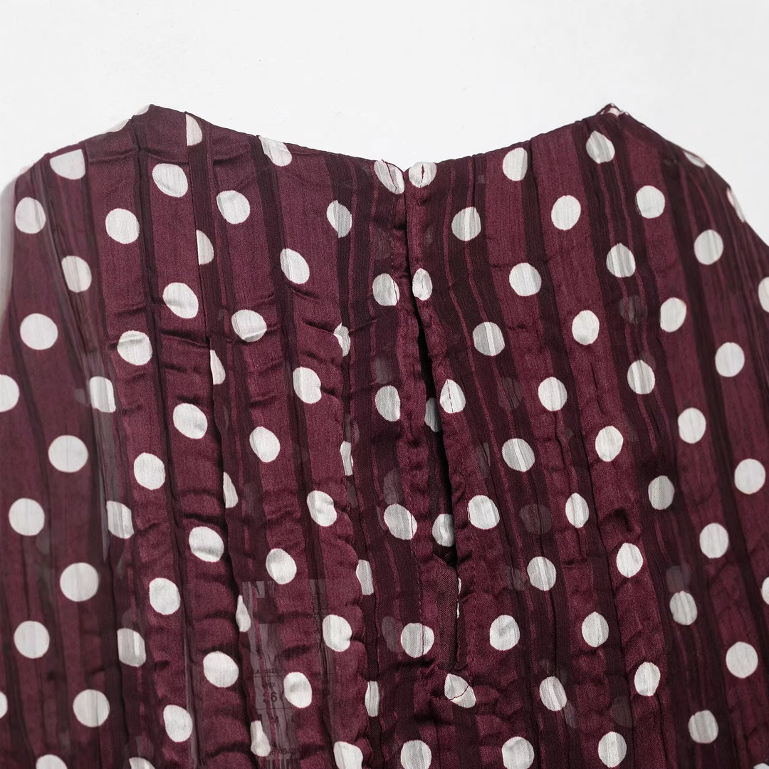 Damen Ärmellose plissierte Chiffonbluse mit Tupfenmuster und Wasserfallkragen Drune
