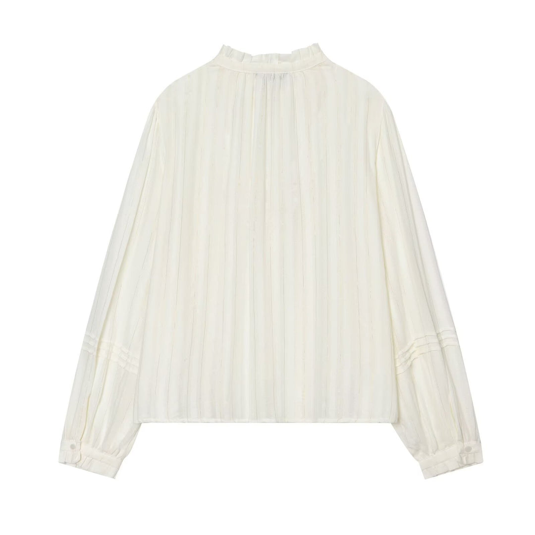 Damen Plissierte Bluse mit Rüschenkragen, Knopfleiste und Schleifenband Drune