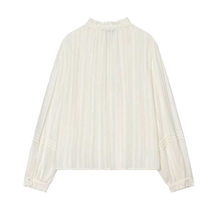 Damen Plissierte Bluse mit Rüschenkragen, Knopfleiste und Schleifenband Drune