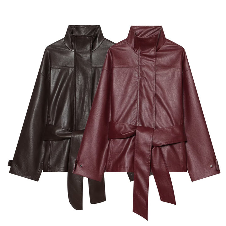 Damen Taillierte Kunstlederjacke mit hohem Stehkragen und Bindegürtel Drune
