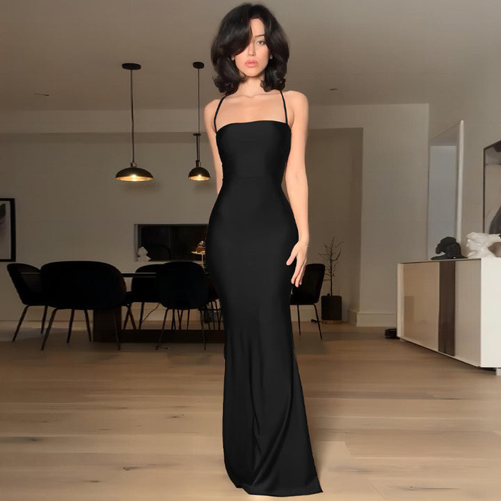 Damen elegantes Bodycon Maxikleid mit schulterfreiem Design und feinen Trägern Drune