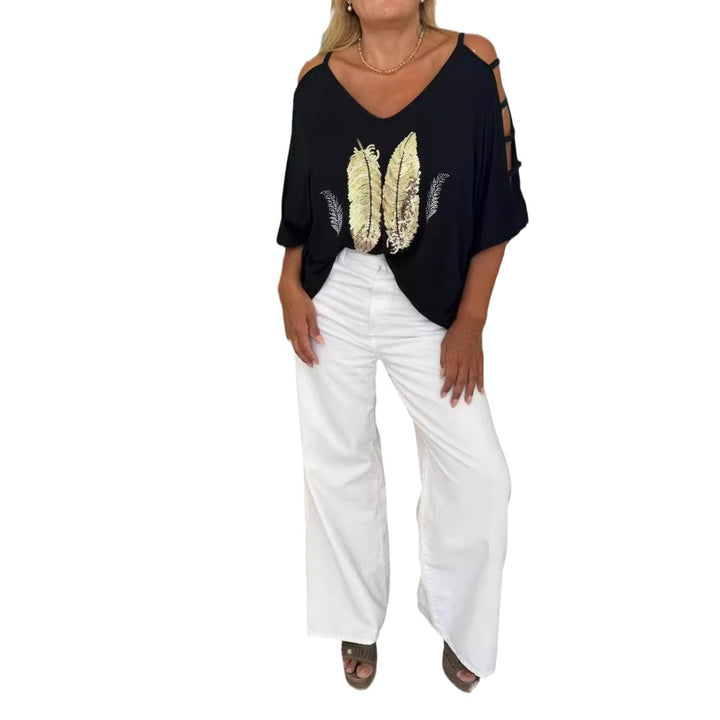 Damen nan weit geschnittenes Blusenshirt schulterfreies Design mit Pailletten-Federapplikation und geschlitzten Ärmeln Drune