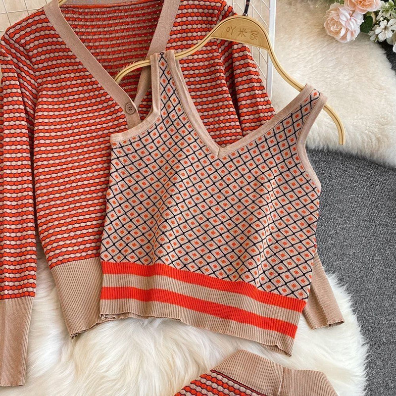 Damen stylisches Strick-Loungewear-Set mit tiefem V-Ausschnitt und weit geschnittenen Hosen Drune