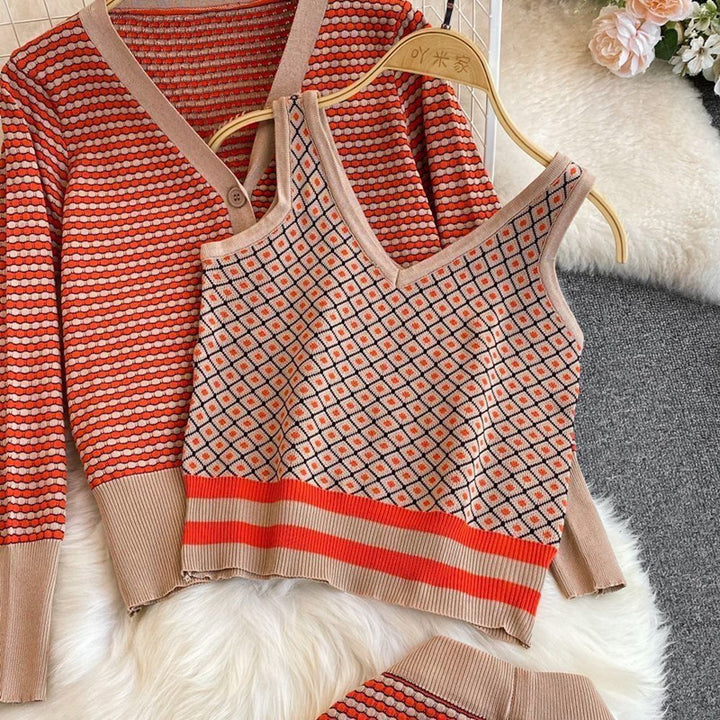 Damen stylisches Strick-Loungewear-Set mit tiefem V-Ausschnitt und weit geschnittenen Hosen Drune