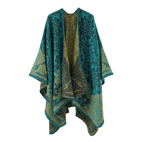 Damen Ornamentaler Jacquard‑Capeponcho mit offenem Fall und Zierkettelnaht Drune