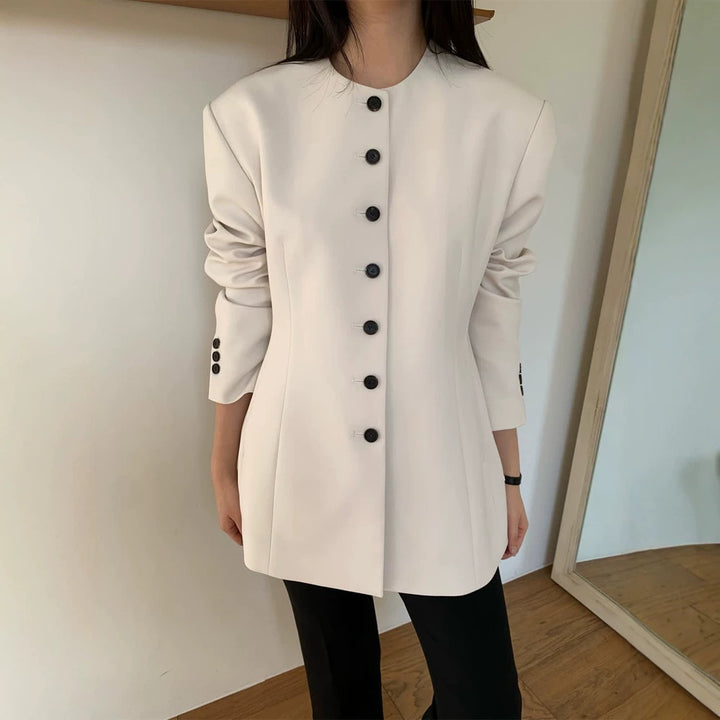 Damen Taillierter Blazer mit skulpturaler Schulter, Rundhalsausschnitt und Kontrastknopfleiste Drune