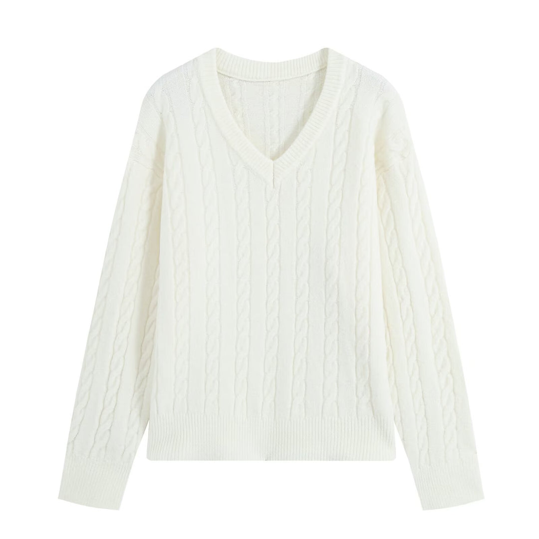 Damen Oversize Zopfmuster-Pullover mit V-Ausschnitt und breitem Rippbündchen Drune