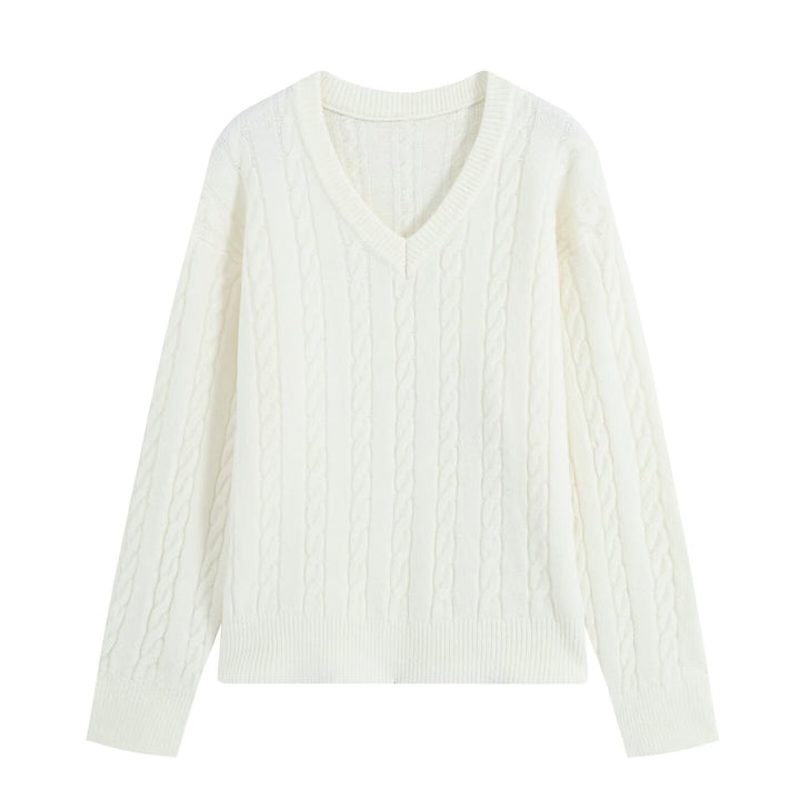 Damen Oversize Zopfmuster-Pullover mit V-Ausschnitt und breitem Rippbündchen Drune