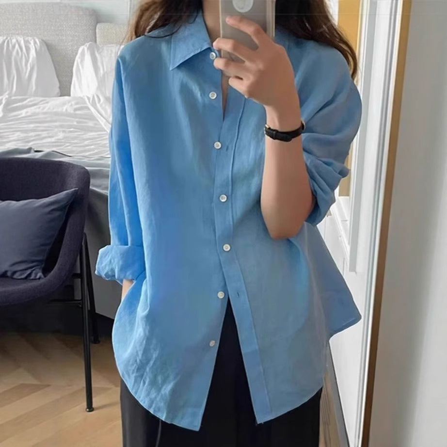 Damen Locker geschnittene Leinen‑Hemdbluse mit kastiger Silhouette und abgerundetem Saum Drune