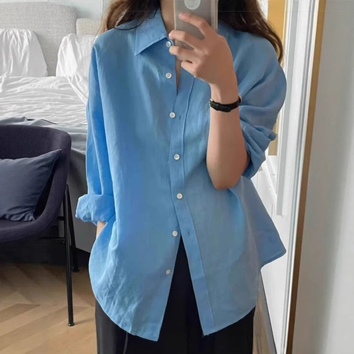 Damen Locker geschnittene Leinen‑Hemdbluse mit kastiger Silhouette und abgerundetem Saum Drune