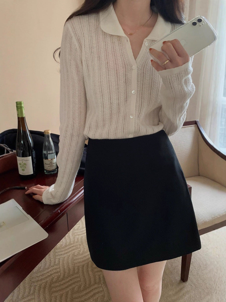 Damen Leichter Ajourstrick-Knopfccardigan mit Hemdkragen und feiner Zopfmusterstruktur Drune