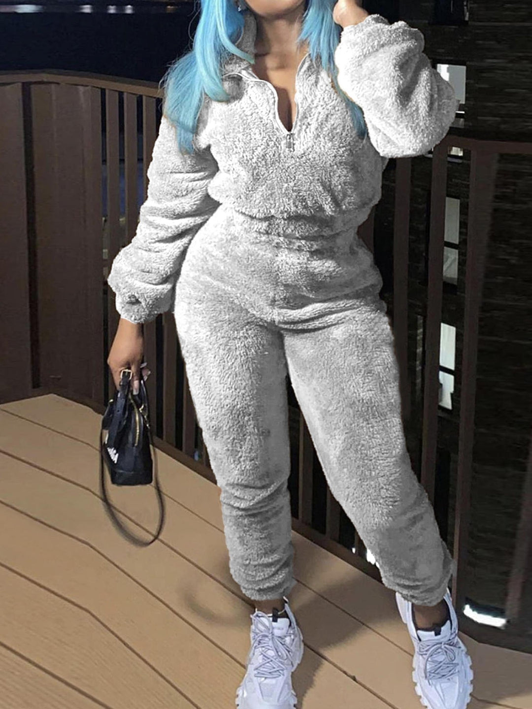 Damen nan kuscheliges Teddy-Lounge-Set mit Halbzip und Highwaist-Jogger Drune