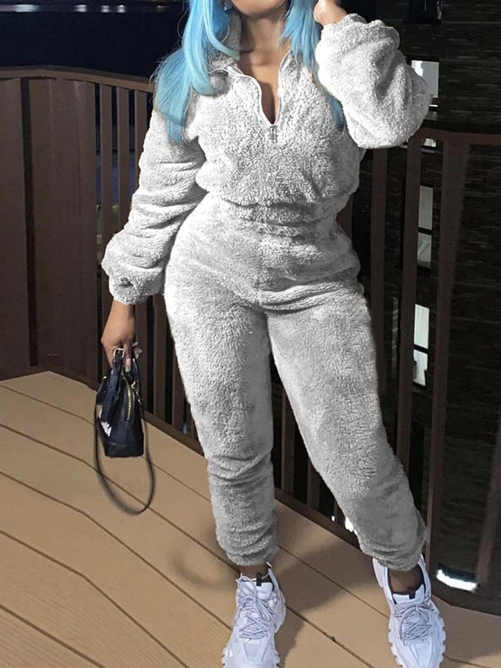 Damen nan kuscheliges Teddy-Lounge-Set mit Halbzip und Highwaist-Jogger Drune