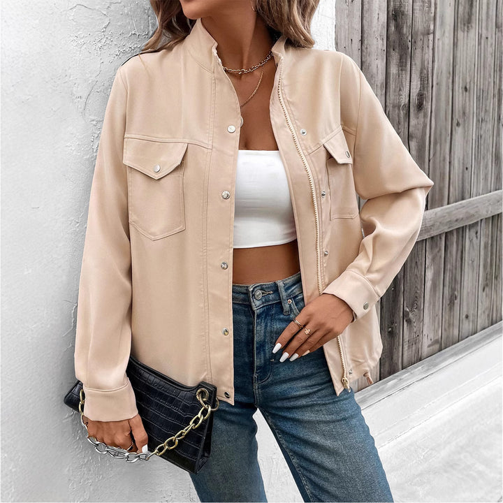 Damen Oversize Hemdjacke mit Druckknopf-Front, Brustklappen und Tunnelzugsaum Drune
