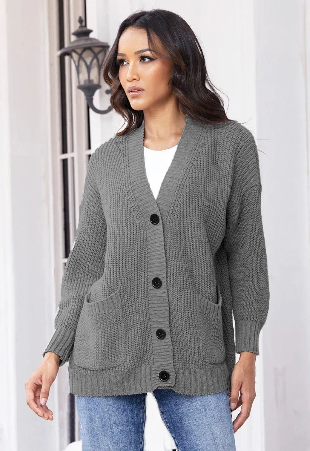 Damen Grobstrick-Cardigan mit großen Taschen und klassischem V-Ausschnitt Drune
