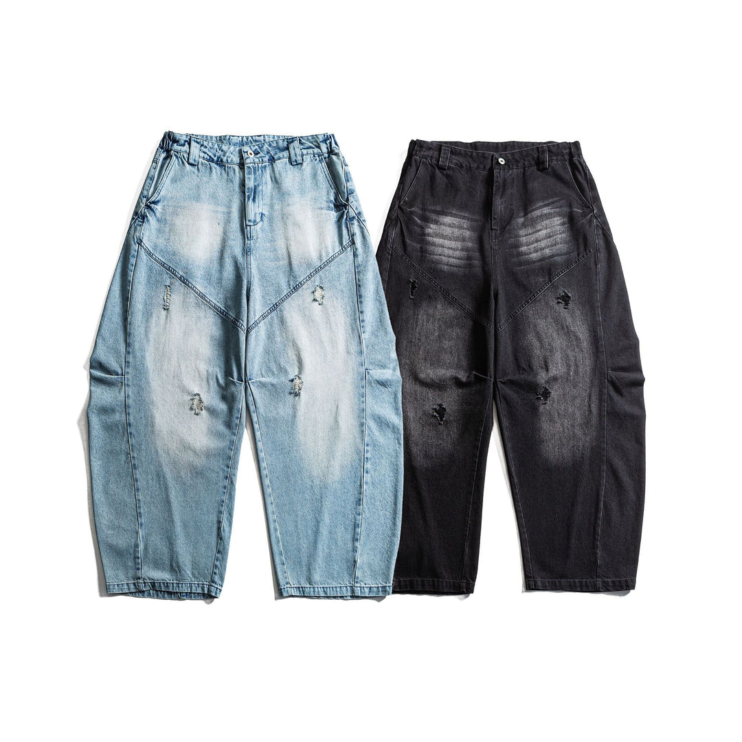 Damen hochgeschnittene weite Denim‑Culotte mit Cargotaschen, Used‑Effekt und elastischem Saum Drune