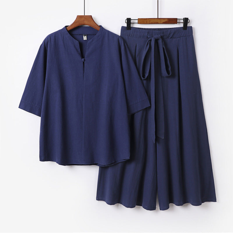 Damen Lässiges Leinen-Viskose Lounge-Set mit Stehkragen-Oberteil und weiten Palazzo-Hose Drune