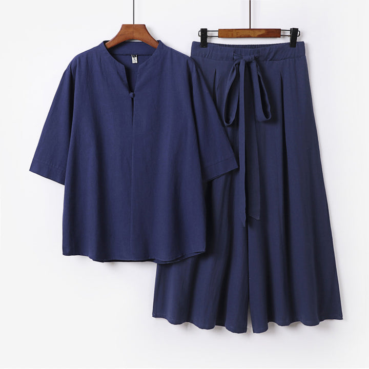 Damen Lässiges Leinen-Viskose Lounge-Set mit Stehkragen-Oberteil und weiten Palazzo-Hose Drune
