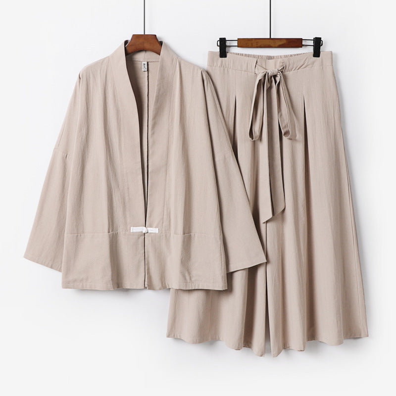 Damen Zen-inspiriertes Kimono-Set aus fließender Viskose mit kurzer Jacke und weiter Culotte-Hose Drune