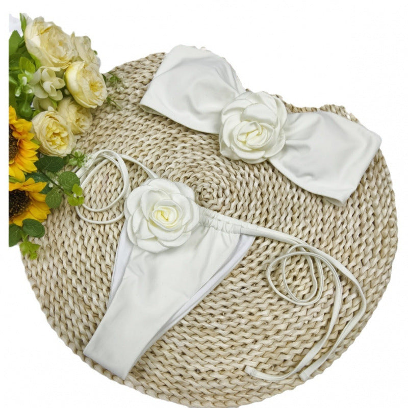 Damen Bandeau-Bikini mit floralem Akzent und verstellbaren Trägern Drune