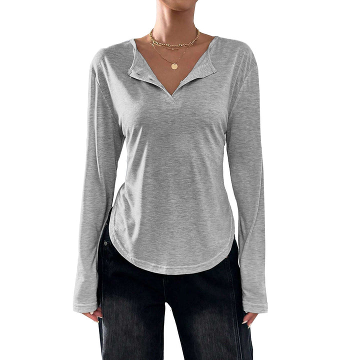 Damen legeres V-Ausschnitt Langarmshirt mit offenem Kragen, weichem Jersey und abgerundetem Saum Drune